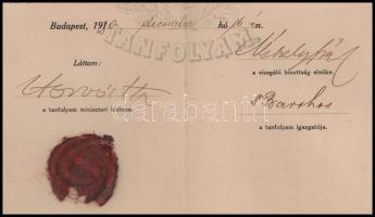 1920 Bp., vasúti tisztképző tanfolyam képesítő bizonyítványa Méhely Pál (1848-?) MÁV felügyelő, taná...