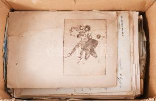 Egy doboznyi vegyes okmány, nyomtatvány, benne reklámok, biztosítási okmányok, államkötvények, stb