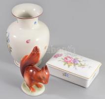Hollóházi 3 darab tárgy, bonbonier, váza, mókus figura, jelzett, hibátlan, m: 17 cm alatt