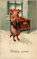 1932 Boldog Újévet! Malac zenedobozzal / New Year greeting art postcard, pig with music box. L&amp;P 2391. litho (EK)