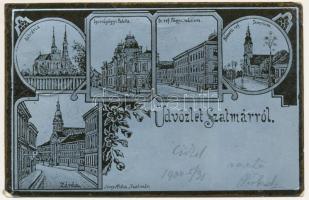 1900 Szatmárnémeti, Szatmár, Satu Mare; Kálvária, Igazságügyi palota, Református főgimnázium, Németi református templom, zárda. Löwy Miksa kiadása, szecessziós virágos fémes hatású fóliás képeslap / calvary, Palace of Justice, Calvinist grammar school, Calvinist church, nunnery. Art Nouveau, floral, metallic foil postcard (EB)