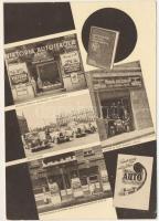 Budapest VI. Viktória Autóiskola reklám képeslapja. Oktatókocsik, felvételi iroda és autószalon (Andrássy út 2.), Garage és telep (Kazinczy utca 50.), Autó-szakiskola tantermei, szerviz és autószalon (Révay utca 22.) / Hungarian driving school's advertisement postcard with training cars (EK)