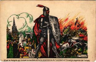 Hongrie - Magyarország volt a gát a nyugati renaissance s a pogány invázió közt / Hungarian irredenta art postcard in French, Treaty of Trianon, propaganda s: Eugen Haranghy (EM)