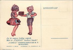 Jaj de nagyon boldog vagyok, mert jó Cadeau bonbont kapok! Cadeau Csokoládégyár R.T. Budapest (gyártelep Izabella utca 88.) / Hungarian chocolate factory advertisement