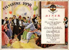 Budapest V. Hotel Dunapalota Ritz szálloda 1939-es szilveszteri menüje, művészlap bohóccal, lufikkal és malaccal s: Biczó (EK)
