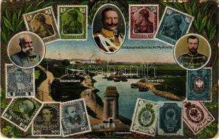 Myslowice, Myslowitz (Ober-Schlesien); Dreikaiserreichsecke bei Myslowitz / Three Emperors' Corner, borders of the Russian Empire (Tsar Nicholas), Austria-Hungary (Franz Joseph I of Austria) and the German Empire (Wilhelm II), stamps. Dreikaiserkarte No. 69. Verlag Max Rölles Nachf. Otto Berger, Art Nouveau (Rb)