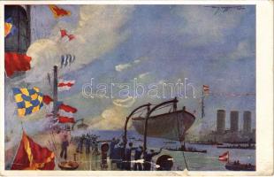 1915 Heimkehr des Unterseeboot V (SM U-5) nach der Torpedierung des französischen Panzerkreuzers "Leon Gambetta" in den heimischen Hafen. K.u.K. Kriegsmarine. Offizielle Karte für Rotes Kreuz. Kriegsfürsorgeamt Kriegshilfsbüro - K.u.k. Kriegsmarine / WWI Austro-Hungarian Navy art postcard, SM U 5 submarine returns home after sinking French armored cruiser "Leon Gambetta" s: Harry Heusser (fl)