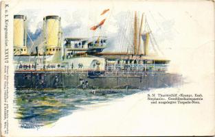 K.u.K. Kriegsmarine SMS Kronprinzessin Erzherzogin Stephanie, Geschützthurmparthie und ausgelegtes Torpedo-Netz (later SMS Ersatz Gamma). Wiener Künstler-Postkarte K.u.k. Kriegsmarine XXVI/7. Philipp &amp; Kramer s: Kircher (fa)