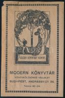 Sarkadi Emil (1881-1908): A Modern Könyvtár könyve (szecessziós ex libris). Klisényomat, papír, jelzés nélkül, bal felső sarkában kissé sérült, 9,5x6 cm.