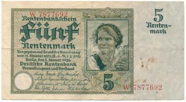 Németország / Weimari Köztársaság 1926. 5M "W 7877692" T:F Germany / Weimar Republic 1926. 5 Rentenmark "W 7877692" C:F Krause 169.