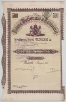 Románia 1926. "Román Nemzeti Bank" részvénye 500L-ről "030071" felülbélyegzésekkel és hozzá nem illő szelvényekkel "030073" T:F Romania 1926. "National Bank of Romania" share about 500 Lei "030071", with stamps and with not matching coupons "030073" C:F