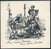 Sterbenz Károly (1901-1993): Aus meiner Bücherei Ignaz Anton Schiller (ex libris). Vonalas klisé, papír, jelzett a klisén, 8x8 cm