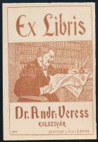 Szamossy László (1866-1909): Ex libris Dr. Andr. Veress, 1903. Vonalas klisé, papír. Jelzett a klisén. 9x6 cm