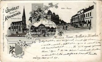 1900 Körmend, Evangélikus templom, Korona szálloda, Batthyány kastély. Körmendi Könyvnyomda, Kretzschmar és Schatz Art Nouveau, floral, litho (EM)