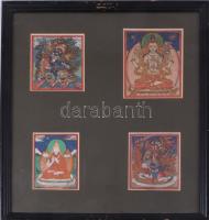 Buddhista csakli / Tsaklik. Istenséget ábrázoló miniatűr festmények, beavatási kártyák 4 db, kézzel festett 6x7 cm, XIX. sz. üvegezett keretben. 29x32 cm         Buddhist Tsaklis. Miniature paintings depicting deities, initiation cards 4 pcs, hand-painted 6x7 cm, in a glazed frame. 19th. century 29x32 cm