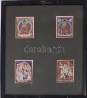 Buddhista csakli / Tsaklik. XIX. sz. Istenséget ábrázoló miniatűr festmények, beavatási kártyák 4 db, kézzel festett 6x7 cm, üvegezett keretben. 29x32 cm Buddhist Tsaklis. Miniature paintings depicting deities, initiation cards 4 pcs, hand-painted 6x7 cm, in a glazed frame. 19th century 29x32 cm