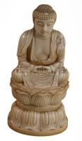 Buddha Amida Japán 19. sz vége. Fínoman faragott elefántcsont, talpán jelzett.    A Buddha Amida (szanszkritul: Amitábha) a mahájána buddhizmus, különösen a Tiszta Föld buddhizmus egyik központi alakja, akit végtelen fénynek és életnek (Amitábha/Amitájusz) neveznek, és az "Örökös Fény" vagy "Határtalan Fény" Buddha néven is ismert, aki egy paradicsomi világot, a Sukh?vat?t (Tiszta Föld) kormányozza, ahová a hívőket várja. Fontos a japán buddhizmusban, ahol az "Amida Butsu" néven ismert, és híveit a nevének ismételt mormolásával (nembutsu) hívja a nyugati paradicsomba. 12,5 cm   Amida Buddha Japan late 19th century. Finely carved ivory, marked on the base. Amida Buddha (Sanskrit: Amitabha) is a central figure in Mahayana Buddhism, especially Pure Land Buddhism, who is called the Infinite Light and Life (Amitabha/Amitayus) and is also known as the "Eternal Light" or "Limitless Light" Buddha, who presides over a paradise world, Sukh?vat? (Pure Land), where he awaits his devotees. He is important in Japanese Buddhism, where he is known as "Amida Butsu", and calls his devotees to the Western Paradise by repeatedly chanting his name (nembutsu). 12.5 cm