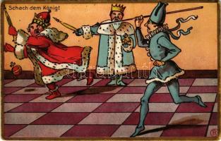 Schach dem König! Verlag Robert Schmidt, Schicks Hofbuchhandlung / chess art postcard (fl)