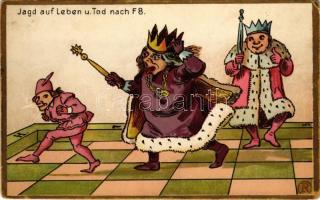 Jagd auf Leben u. Tod nach F8. Verlag Robert Schmidt, Schicks Hofbuchhandlung / Chess art postcard (gyűrődés / crease)