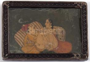 Antik indiai pornográf miniatűr festmény, ezüst (Ag) keretben. XIX. sz. India. 5,5x4 cm        Antique Indian pornographic painting, in silver (Ag) frame. 19th century. India. 5.5x4 cm