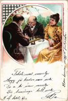 1900 Men playing chess, lady No. 521. litho + "ZIMONY - BUDAPEST 18. SZ." vasúti mozgóposta bélyegző (EM)