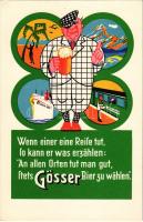 Wenn einer eine Reise tut, so kann er was erzählen: An allen Orten tut man gut, stets Gösser Bier zu wählen. Gösser Brauerei A.-G. Leoben-Göss, Steiermark-Austria / Austrian Gösser beer advertisement