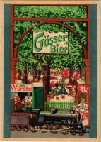 Wiener Wurstelprater, entwurf: Ludwig Foff, Gösser Bier, Eis, Heisse Würstel / Austrian Gösser beer advertisement, amusement park, locomotive, sausages