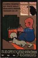 1925 Budapest Székesfőváros Gázművei reklámlap. Ki kopog? Mi kopog? Egy fekete holló! Kályha mellett, hogyha gáz, melegedni oly jó! / Hungarian gas works advertisement (fl)