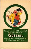 Wie ein Engerl, leichtbeschwingt, Bist uaf acht, neun Gösser, Vielleicht, wenn man zehne trinkt, fühlt man sich noch besser! Gösser Brauerei A.G. 2 Worte merke dir Gösser Bier! / Austrian Gösser beer advertisement s: Flemax