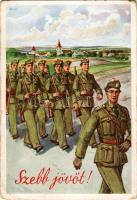 Szebb jövőt! Masírozó leventék / Hungarian military, irredenta propaganda s: Biczó (EM)