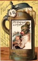 1905 Dös Krüag'l muass a Loch hab'n! Münchner Hofbräuhaus / Német söröskorsós dombornyomott reklámlap / German brewery advertisement, beer mug. Embossed litho (lyukak / pinholes)
