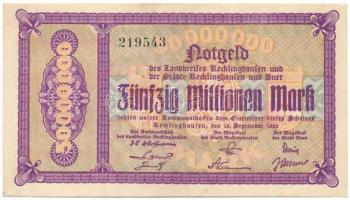 Német Birodalom / Weimari Köztársaság / Recklinghausen 1923. 50.000.000M vízjeles papíron "219543" T:F szép papír German Reich / Weimari Köztársaság / Recklinghausen 1923. 50.000.000 Mark on watermarked paper "219543" C:F fine paper
