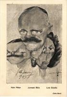 Hain Péter rendőrségi detektívfelügyelő, Jurcsek Béla nyilas politikus, Lutz Gizella (Szálasi Ferenc felesége). Nemzetiszocialista-ellenes gúnyos karikatúra / Hungarian sympathizers of the Nazis. WWII Hungarian anti-NS mocking caricature s: Gatto Nero (Wittmann Rezső)