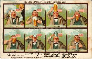 1915 Ein Glas Pilsner Urquell auf einen Zug / Pilsner Urquell humoros sör reklámlap / Czech Plzen (Plzensky Prazdroj) beer advertisement. litho (fl)