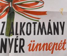 cca 1950 A Hazafias Népfront köszönti az alkotmány és az új kenyér ünnepét, propaganda plakát, papír...