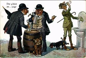 1932 Der g'hört an.. zeigt! / Drunk men humour with Dachshund dog, drinking beer. A.S.M. Nr. 1159. s: Schlemo (EK)