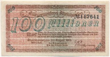 Német Birodalom / Weimari Köztársaság / Rheinhausen 1923. 100.000.000M vízjeles papíron "117641" T:F szép papír German Reich / Weimari Köztársaság / Rheinhausen 1923. 100.000.000 Mark on watermarked paper "117641" C:F fine paper