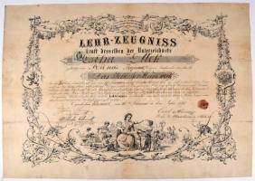 1877 Céhlevél kulcskészítő részére, Késmárki céh. Csiha Elek, a hajdúnánási Csiha Malom alapítójának felmenőjének Mesterlevele. 56x45 cm  1877 Guild certificate for a key maker, Késmárk guild. Master's certificate of Elek Csiha, ancestor of the founder of the Csiha Mill in Hajdúnánás. 56x45 cm