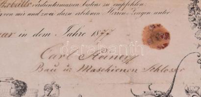 1877 Céhlevél kulcskészítő részére, Késmárki céh. Csiha Elek, a hajdúnánási Csiha Malom alapítójának...