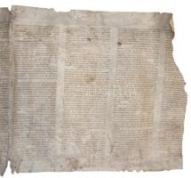 Régi Tóra tekercs töredéke, pergamen, hiányos, sérült, foltos, penészes, cca 54x230 cm