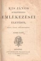 Kis János - Andrássy Gyula:  Kis János superintendens emlékezései életéből. Maga által feljegyezve. + Andrássy Gyula beszéde a véderő-törvényjavaslat tárgyában. [Két mű egybekötve.] Budapest, 1889-1890. Franklin-Társulat Magyar Irodalmi Intézet és Könyvnyomda. 703 + [1] p.; 68 p. Kolligátumunk a Franklin-Társulat vegyes témájú műveket közreadó Olcsó könyvtárának két kötetét adja közre. Az első mű Kis János (1770-1846) író, kultúraszervező, levelező, evangélikus lelkész irodalmi és lelkipásztori önéletrajza, a második mű Andrássy Gyula egy friss parlamenti beszédének első szövegközlése. Aranyozott gerincű korabeli félvászon kötésben, márványmintás festésű lapszélekkel. Jó példány.