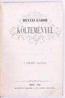 Bényei Gábor:  Bényei Gábor költeményei. Pest, 1861. A szerző sajátja - Nyomatott Beimel J. és Kozma Vazulnál. 142 + [2] p. Egyetlen kiadás. Bényei Gábor (1837-1892) református lelkész, költő, újságíró, a Napkelet, a Nefelejts, a Divatcsarnok, a Hölgyfutár, a Fővárosi Lapok és a Vasárnapi Ujság folyóiratok szerzője. Népies dalaival a Petőfi-követők népes táborát gyarapítja. A költemények után az előfizetők társadalomtörténeti szempontból érdekes névsora. A címlap és a belív további tizenöt levelén lapszéli pótlás, három levélen nagyobb javítás. Az első ív egy levele hiányzik, számos oldalon halvány foltosság, néhány oldalon olvasói tetszésnyilvánítást jelző jelölés. Szüry 479. XIX. század második felében készült egészvászon kötésben, az aranyozott címfelirat a gerincen bordó címkén.