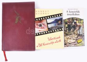 3 db könyv: Erich Wustmann: A vörös hegyek indiánjai. Ford.: Elek István. Bp., 1960, Táncsics. Fekete-fehér és színes fotókkal illusztrálva. Kiadói egészvászon-kötés, intézményi bélyegzőkkel. + Balázs Dénes: A kenyérfák árnyékában. Bp., 1987, Kossuth. Kiadói papírkötés. + Hangay György: Tábortüzek a Dél Keresztje alatt. Bp., 1987, Mezőgazdasági Könyvkiadó. Kiadói kartonált papírkötés.