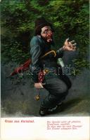 Gruss aus Karlsbad. Der Sprudel wirkt oft plötzlich... Ottmar Zieher / Greetings from Karlovy Vary! Judaica art postcard with Jewish man (EK)