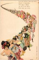 Száz liba (pardon) leány egy sorba, Mennek a templomba... humoros művészlap / Hungarian humorous art postcard, litho s: Hegedűs-Geiger R.