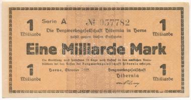 Német Birodalom / Weimari Köztársaság / Herne 1923. "Die Bergwerkgesellschaft Hibernia in Herne" 1.000.000.000M "057782" T:F szép papír German Reich / Weimar Republic / Herne 1923. "Die Bergwerkgesellschaft Hibernia in Herne" 1.000.000.000 Mark "057782" C:F fine paper
