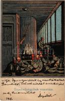 1918 Szabadságoltak vonatán. József főherceg vezérezredes Hadikiállítása Budapest-Margitsziget / WWI Austro-Hungarian K.u.K. military art postcard, military expo. Lehmann (Brassó) litho s: Hermann Molzer (EB)