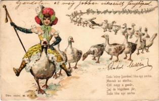 1901 Száz leány (pardon) liba egy sorba... humoros művészlap / Hungarian humorous art postcard, litho s: Hegedűs-Geiger R. (tűnyomok / pinmarks)