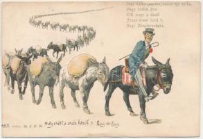 1901 Száz legény (pardon) csacsi egy sorba... humoros művészlap / Hungarian humorous art postcard, litho s: Hegedűs-Geiger R. (apró szakadás / tiny tear)