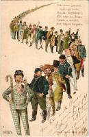 Száz csacsi (pardon) legény egy sorba... humoros művészlap / Hungarian humorous art postcard, litho s: Hegedűs-Geiger R. (szakadás / tear)
